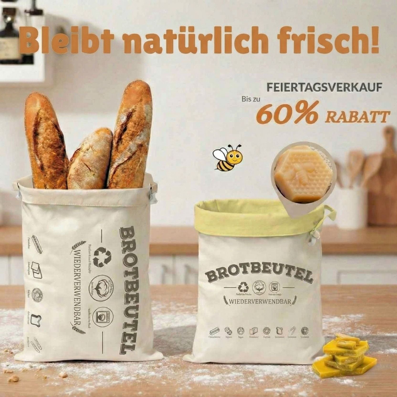 Bienenwachs Brotbeutel | Cervaluxe | Hält Brot extrem lange frisch | 100% Premium Baumwolle | Atmungsaktiv & Antibakteriell | Brotaufbewahrung